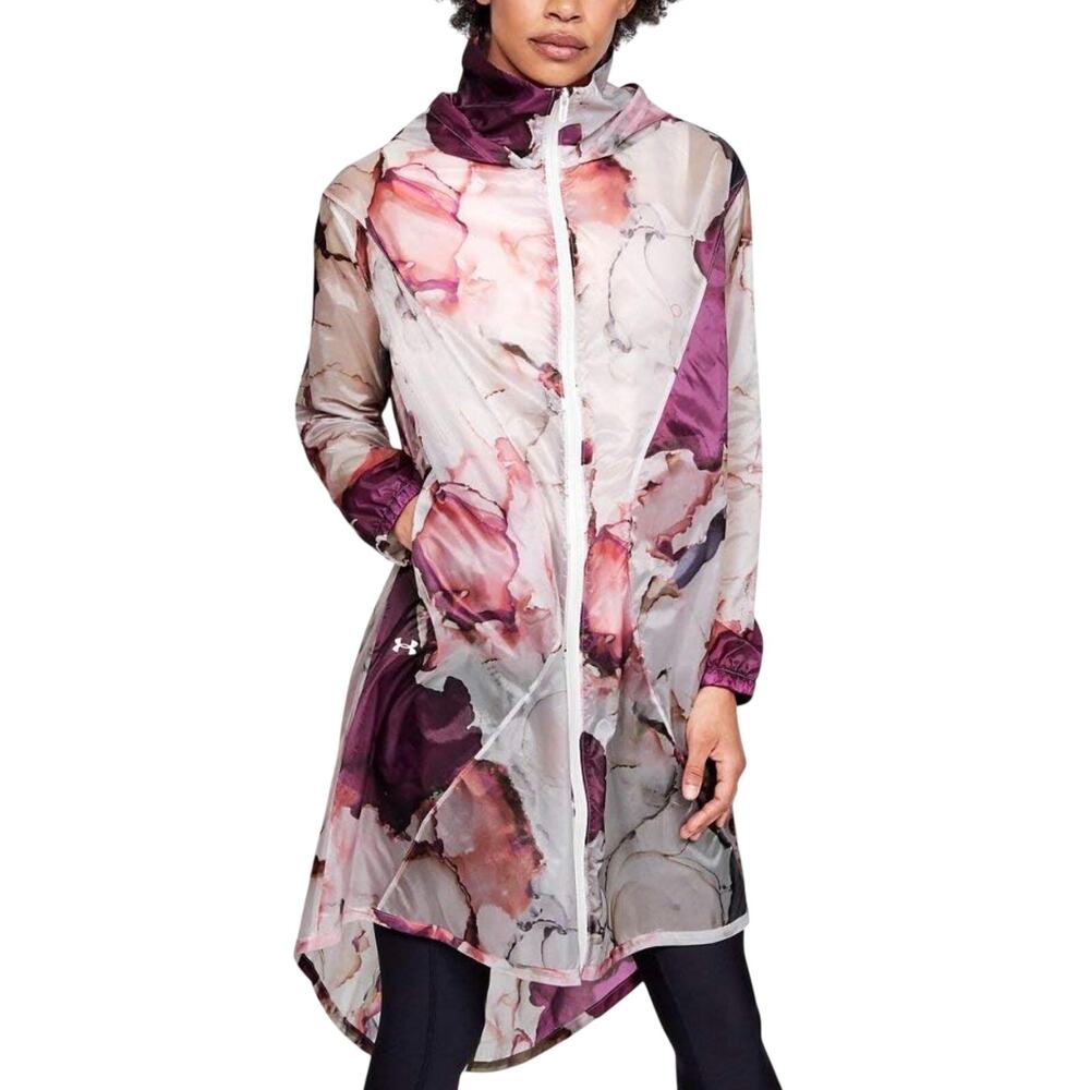 Under Armour Floral Rain Jacket Women Loose Fit Long Hooded Windbreaker Size S
